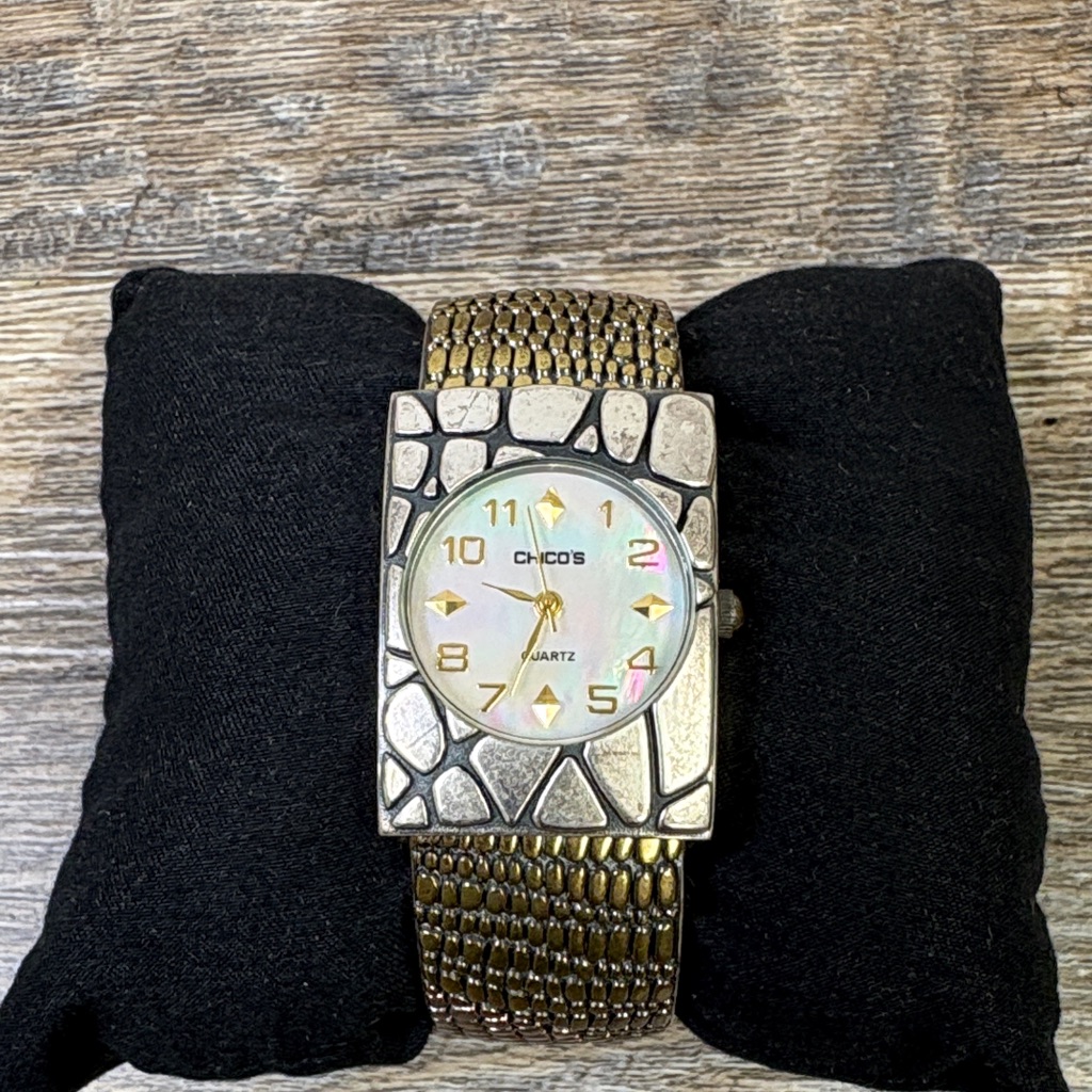 Chicos Textured Silver  Gold Watch Mother Of Pearl Dial